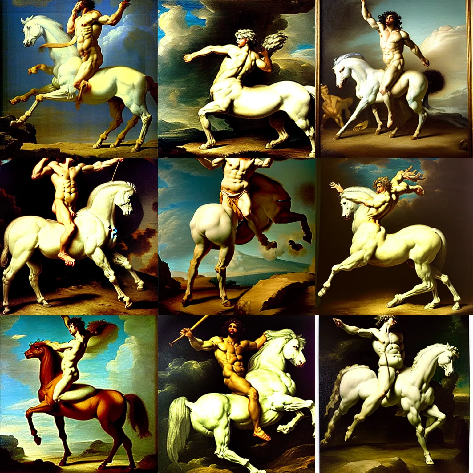 Prompt: studio photo of a white greek mythology painting of a centaur by jean baptiste regnault. centaur, centaur horse,