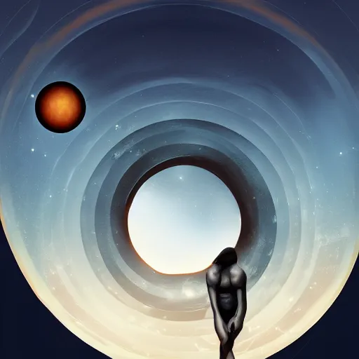 Prompt: digital painting of a greek god of black holes, modern adaptation, trending on artstation, floating in front of the void, with a black sphere behind him, 4 k, pleasant lighting