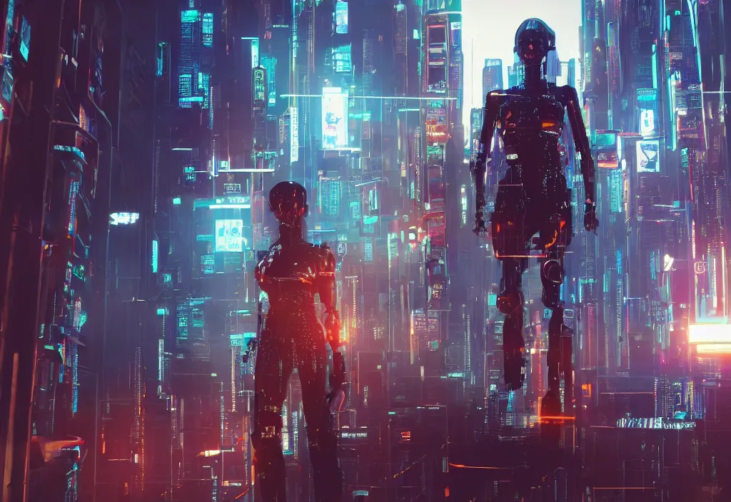 Prompt: shot of film by cyberpunk syle, human like a cyborg hyperrealistic full figure in detailed data center, character design, symmetrical, vivid color, complementary color, golden ratio, detailed, sharp lines, trending on artstation, volumetric lighting, by yoichi hatakenaka, by masamune shirow, by josan gonzales, octane render