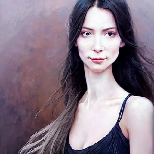 Prompt: facial portrait of a young pretty woman in flowing dress, arrogant, mysterious, long fine hair, delicate, looking at camera!!!, slightly awkward smile!, realistic face, no hands visible, intricate, stylish, elegant, grimdark fantasy, vibrant, extremely detailed painting by Greg Rutkowski and Steve Henderson and Harumi Hironaka