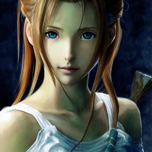 Image similar to portrait of aerith!!!!!!!!! from final fantasy vii, water - color painting by amano yoshitaka, ultra realistic, highly detailed, sharp focus, cinematic lighting, mood lighting, realistic, vivid colors, painting, photorealistic, digital art, non blurry, sharp, smooth, illustration