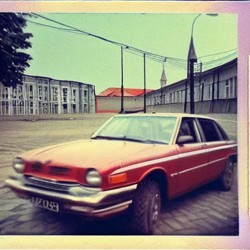 Prompt: low angle shot of russian car in soviet yard with block of flats, low grain film,polaroid, masterpiece, blur, mid day in style of william egglestone