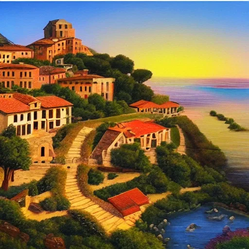 Image similar to roman village on a steep hill during sunset, lake view, ultra realistic painting, oil paint, dramatic lighting