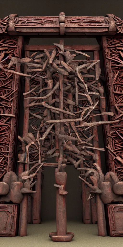 Image similar to 3 d render of a carved rusty torii gate sculpture, chrometype, made of liquid metal, neotribal with thorns and thunders, cyberpunk deconstructed japanese temple, raytraced, volumetric lightning, 8 k, by zhelong xu, ouchh and and innate studio