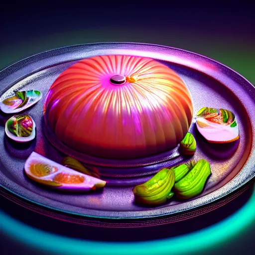 Image similar to ultradetailed still - life aspic on plate insanely detailed, octane render, cgsociety cyberpunk, neon, vaporwave 4 k, 8 k, hyper realism scary, alluring, coveted