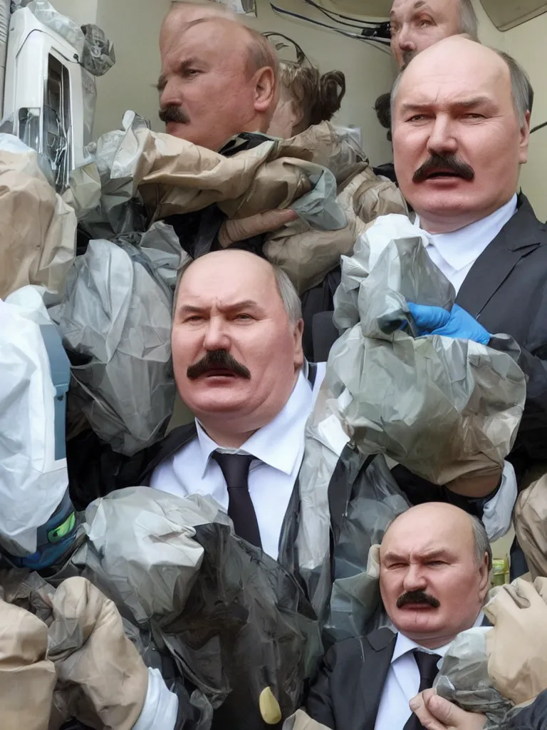 Image similar to lukashenka with stupid face tells there's no any viruses because it's a fridge near hospital with deaths