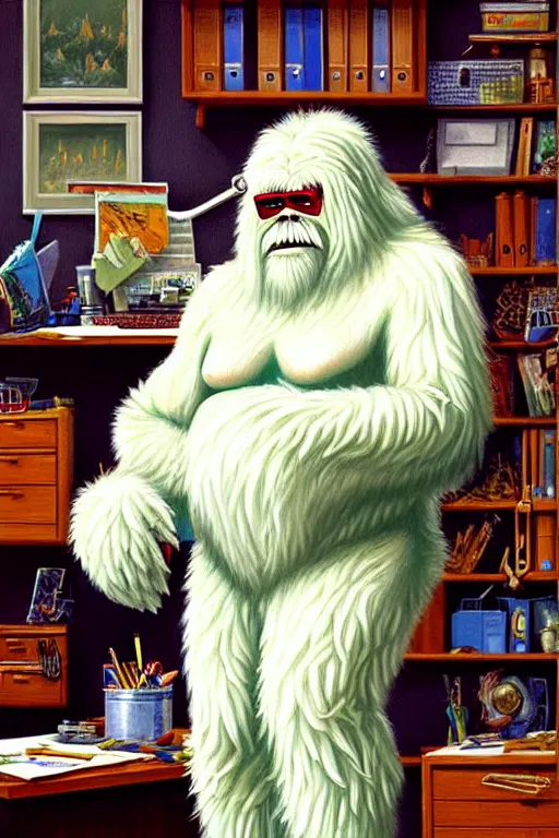 Prompt: classic oil painting, a yeti that is dressed in pajamas, as a dnd character, in a cluttered office, cottagecore, highly detailed, digital illustration, concept art, smooth, sharp focus, art by tim hildebrandt, and greg hildebrandt