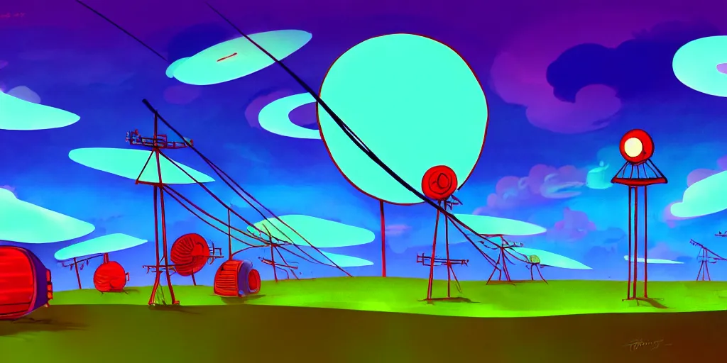 Prompt: night chubby cartoon concept art, red tv transmission antenna, from lorax movie, black blue green, spiral clouds, sam and max