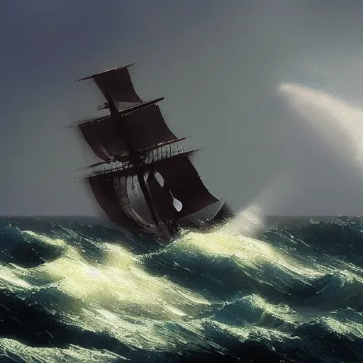 Prompt: pirate sloop, heavy winds, huge waves, winds, golden hour by artstation, deviantart, artfol, artbox, cgsociety, gfxartist, artful, zatista, artpal, instagram, blendernation, frank stella, ivan aivazovsky, beeple, giger, kopera, zawadzki 4 k