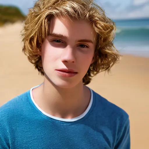 Image similar to portrait of a beautiful teenage boy around 2 0 yo. natural blonde hair, pale skin. beach background. detailed face.