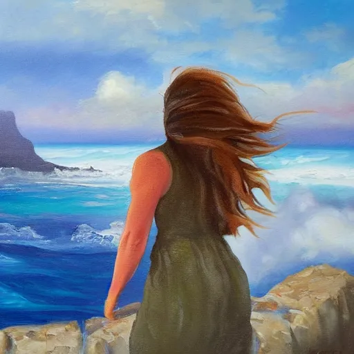 Image similar to A painting of a girl standing on a mountain looking out an approaching storm over the ocean, wind blowing, ocean mist, oil painting