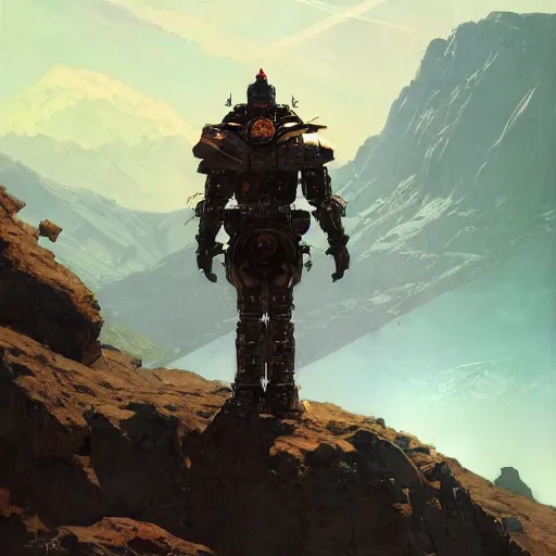 Prompt: robotic warrior standing on top of a mountain with a beautiful cosmic background by by norman rockwell, jack kirby, bergey, craig mullins, ruan jia, jeremy mann, tom lovell, deviantart, cgsociety, trending on artstation, award winning, 8 k resolution, sharp focus