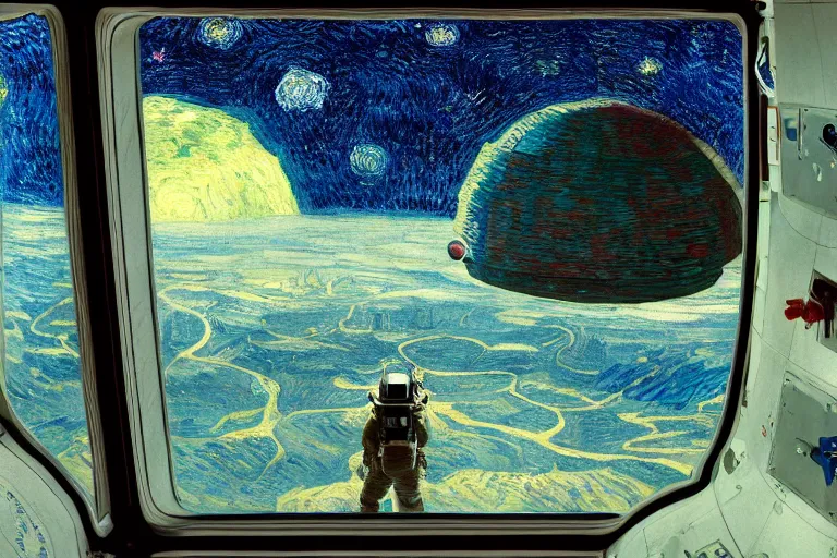 Prompt: a person looking from a window of a space station near Mars, colorful, beautiful, national geographic, very detailed, astrophotography, oil painting, canvas, Vincent van Gogh, Caspar David Friedrich, Theodor Kittelsen, Albert Bierstadt