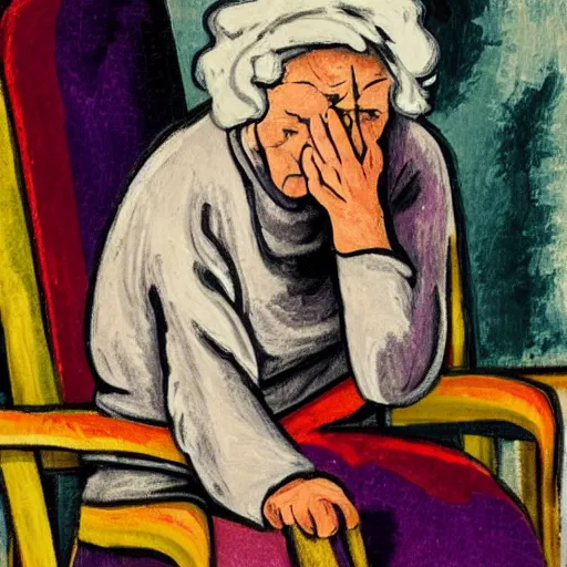 Prompt: old woman crying sitting in a rocking chair, expressionism