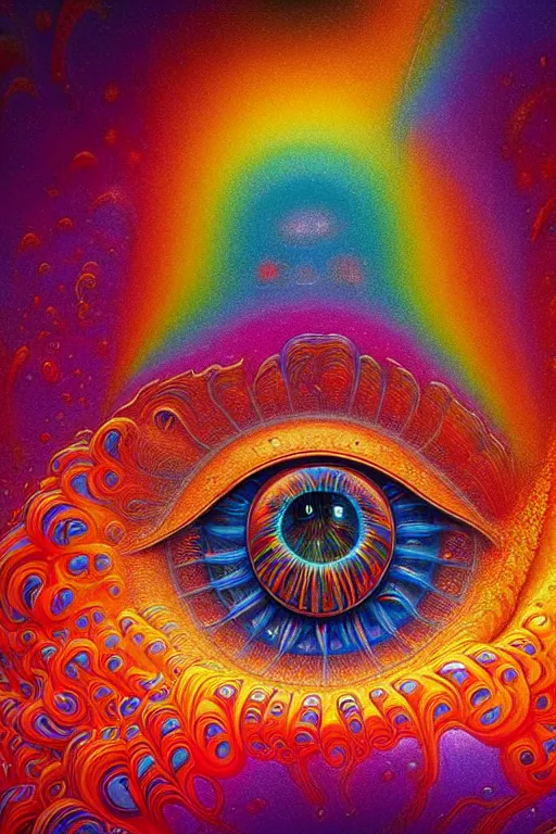 Image similar to hyperrealistic abstract close-up Renaissance psychedelic!! celestial happy! pure creature!! peaceful! kind spirit of nature! beautiful fractal!! eyes! highly detailed concept art eric zener elson peter cinematic hard rainbow lighting high angle hd 8k sharp shallow depth of field endless, inspired by Zdzisław Beksiński Salvador Dali