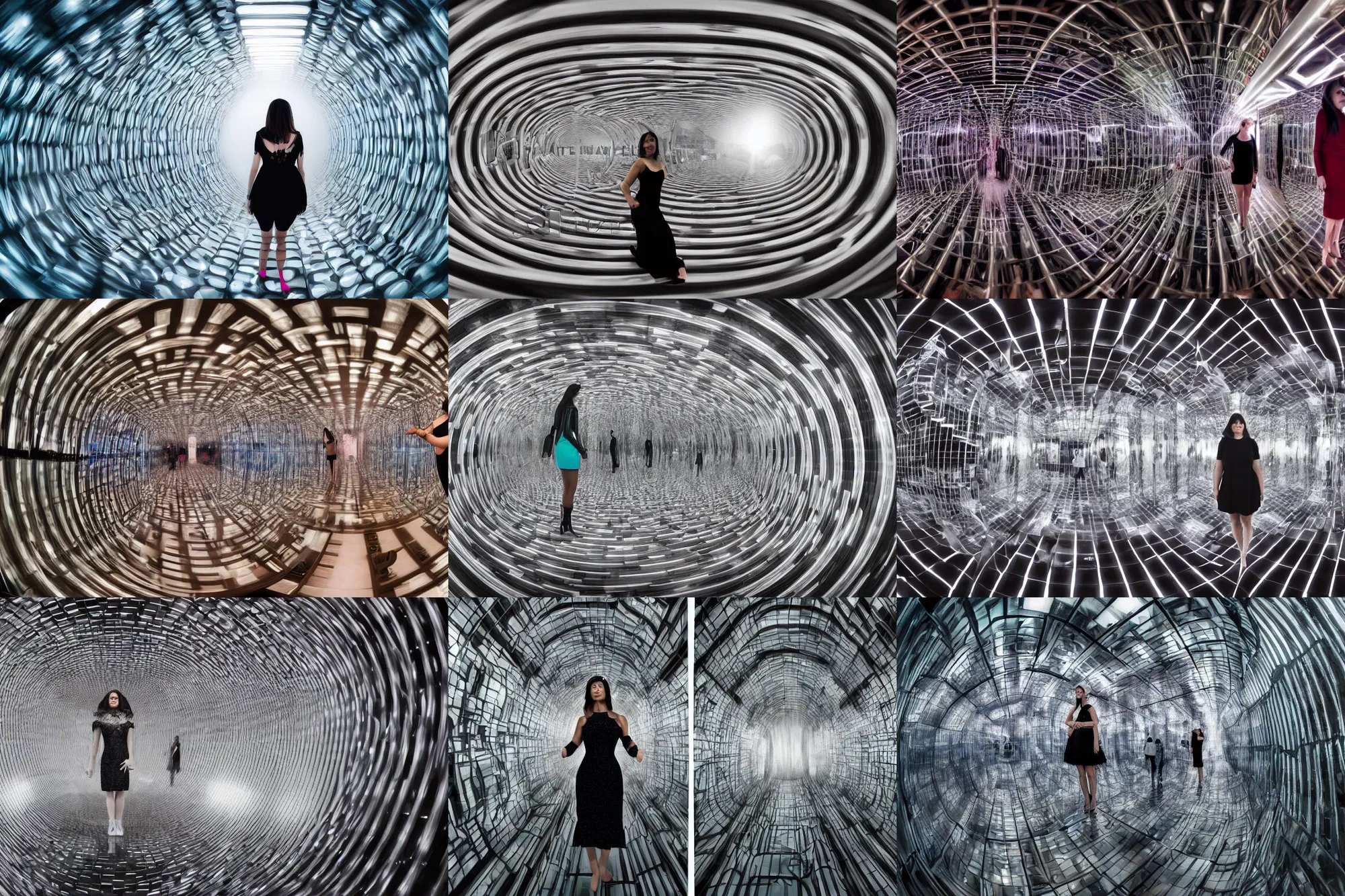 Prompt: distorted perspective extremely detailed movie still foggy portrait shot of a confident woman in sci - fi dress in a distorted mirror maze by denis villenueve, ultra wide angle