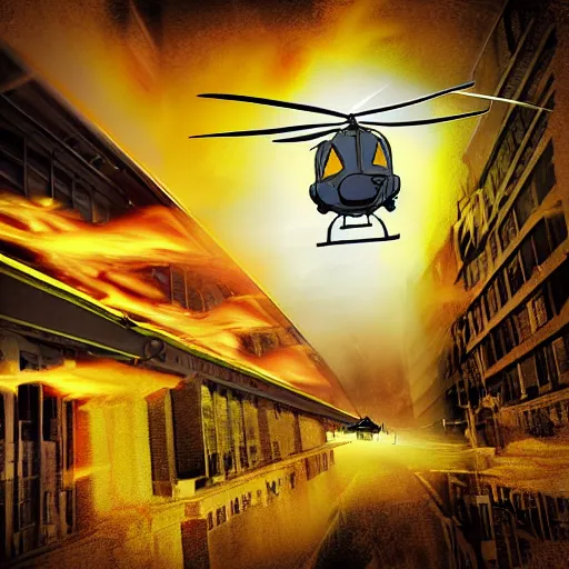 Image similar to helicopter on fire flies into the building, yellow colors, digital art