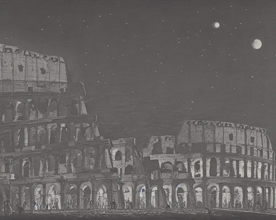 Prompt: beautiful print of the Colosseum bathed in moonlight by Hasui Kawase and Lyonel Feininger.