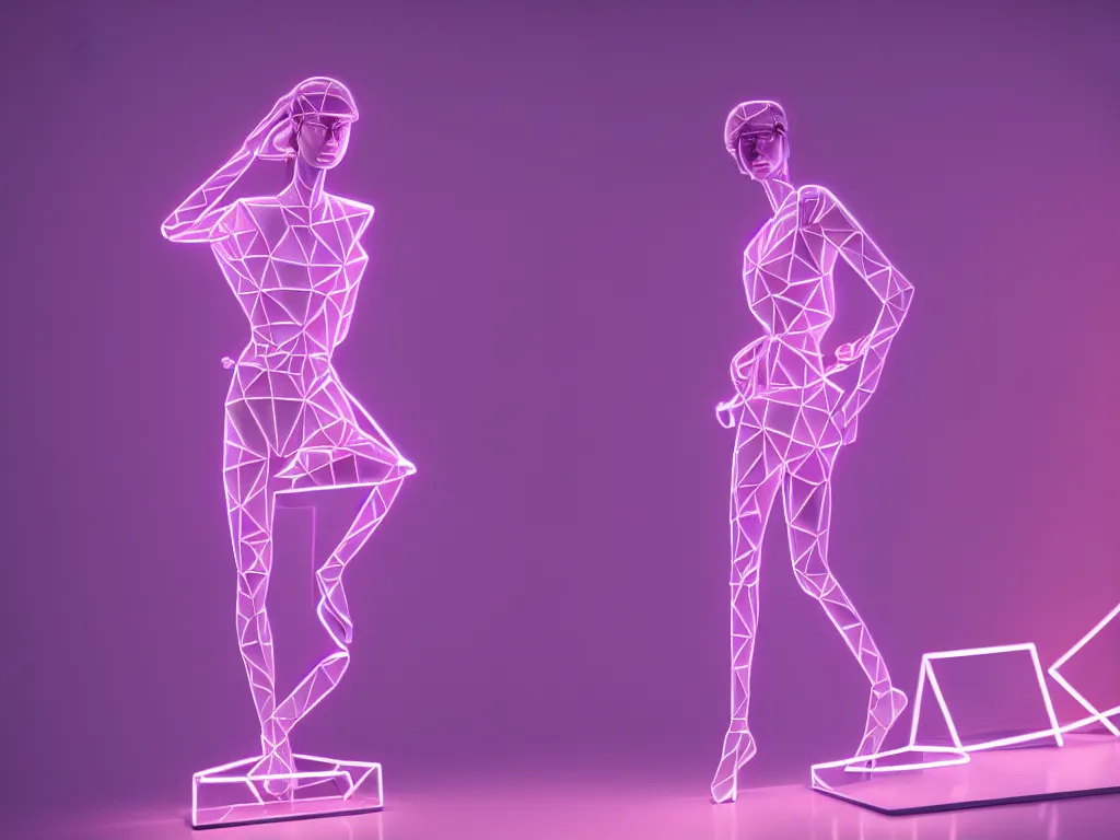 Image similar to beautiful mannequin sculpted out of amethyst by billelis + lit with geometric neon + iridescent geometric cubed bonsai plants!!!!, doorway opening with neon pink geometric light, clean linework, dramatic, finely detailed, rule of thirds, moody, award winning, 4 k, trending on artstation, photorealistic, volumetric lighting, octane render