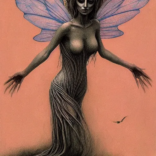 Image similar to a beautiful fairy girl inspired by zdzislaw beksinski, giger, and cam de leon