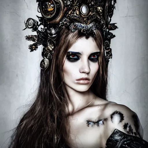 Prompt: a portrait of female model by stefan geselle and nekro borja, photorealistic, intricate details, hyper realistic, dark fantasy, ornate headpiece, dark beauty, photorealistic, canon r 3, photography, wide shot, photography, dark beauty, symmetrical features, wide angle shot, whole body, full body shot, 3 / 4 shot, environmental portrait