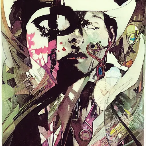 Image similar to cyberpunk dreaming by dave mckean and alphonse mucha and bill sienkiewicz