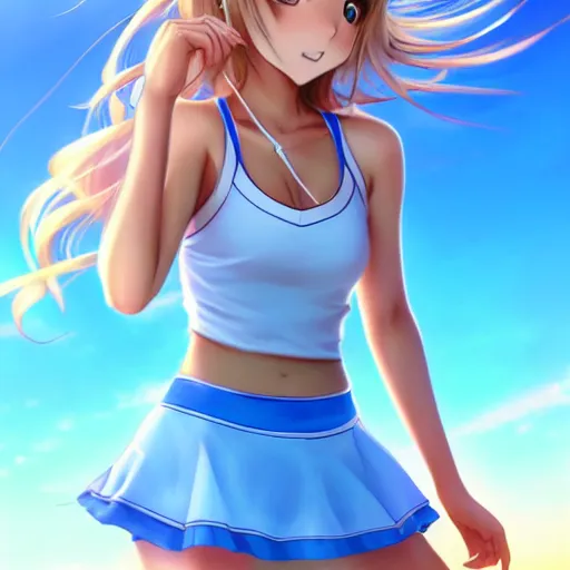 Image similar to a very beautiful young anime tennis girl, full body, head, long wavy blond hair, sky blue eyes, full round face, short smile, bikini, miniskirt, front view, full shot, highly detailed, cinematic wallpaper by stanley artgerm lau
