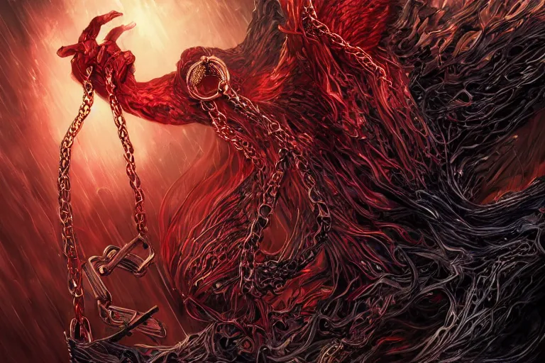 Image similar to lucifer, dark angel, red eyes, chain, handcuffs, large chain, wide open mouth, scream, sad, cruelty, sea bottom, light effect, hyper detailed, elegant, highly detailed, digital painting, artstation, concept art, matte, sharp focus, illustration, by dan mumford, yusuke murata, makoto shinkai, ross tran