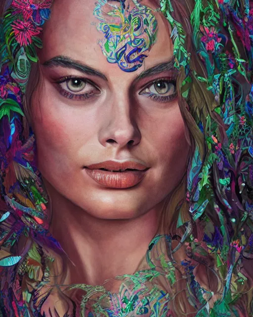 Prompt: margot robbie portrait with a tattooed body posing in a magical crochet bikini in a magical forest, beautiful eyes, realistic face, full body, fantasy art, in the style of Kai Klimiont, illustration, epic, fantasy, intricate, hyper detailed, artstation, concept art, smooth, sharp focus, ray tracing, vibrant