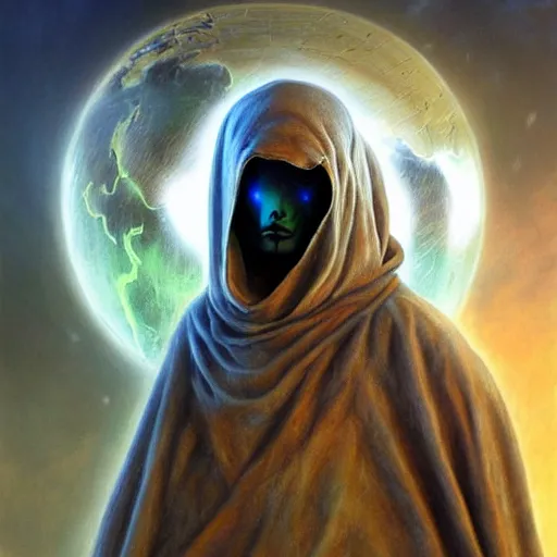 Image similar to masked nomad male wearing a cloak on an alien world and holding a holographic planet projection in his hand, detailed, sci - fi, digital painting, artstation, sharp focus, illustration, ominous, artgerm, tomasz alen kopera, peter mohrbacher, donato giancola, joseph christian leyendecker, wlop, frank frazetta