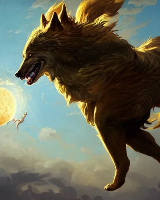 Prompt: '' Illustration of giant gold wolf running through the sky following the moon, league of legends, LOL, fantasy, d&d, digital painting, artstation, concept art, sharp focus, illustration, art by greg rutkowski and alphonse mucha ''