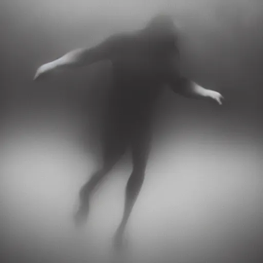 Image similar to an abstract photograph of a lonely male shadowy figure, underwater, motion blur, 35 mm, black-and-white