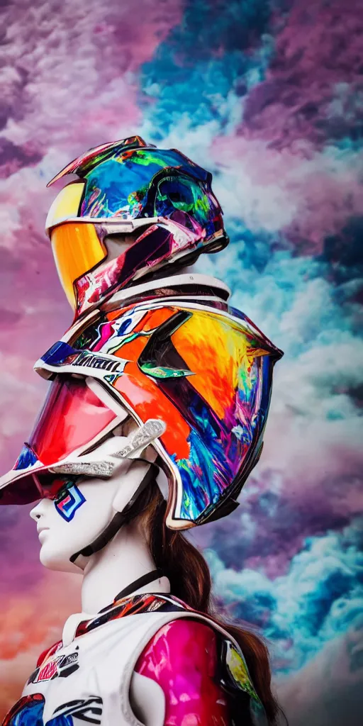 Image similar to extremely beautiful photo of a white marble statue of a girl with colorful motocross logos and motorcycle helmet with closed visor, colorful smoke in the background, carved marble statue, symmetrical, vogue, fine art, neon genesis evangelion, virgil abloh, offwhite, denoise, highly detailed, 8 k, hyperreal