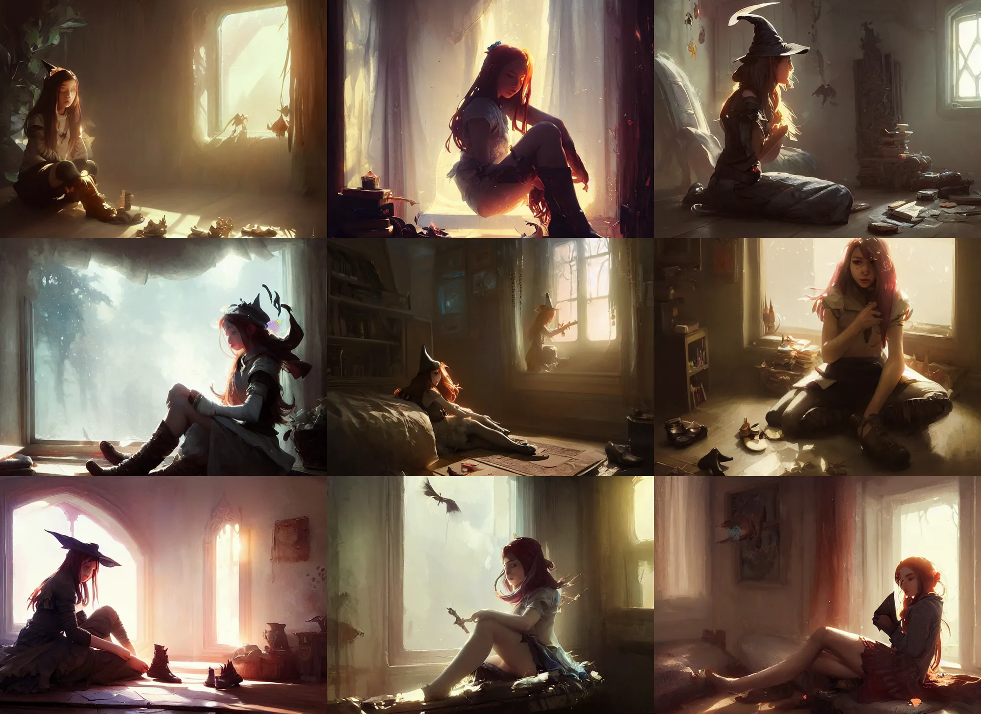 Prompt: front view of adorable female college student witch, sitting in her room, taking off her boots, fantasy, intricate, sharp focus, lens flare, bloom, illustration, highly detailed, digital painting, concept art, matte, art by ruan jia and wlop and greg rutkowski, masterpiece