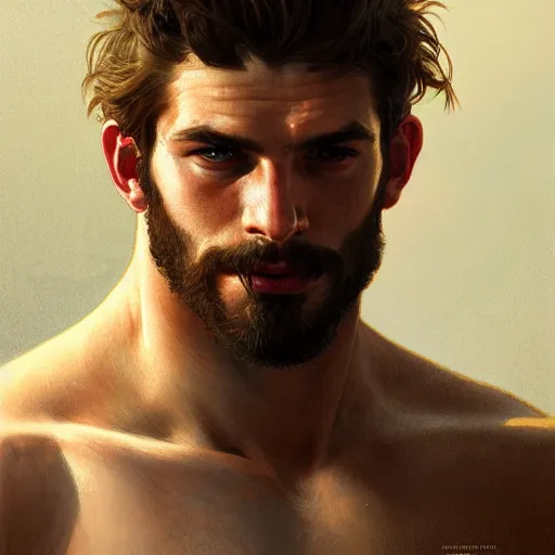 Image similar to portrait of a young rugged beserker, muscular, upper body, hairy torso, D&D, fantasy, intricate, cinematic lighting, highly detailed, digital painting, artstation, concept art, smooth, sharp focus, illustration, art by Artgerm and Greg Rutkowski and Alphonse Mucha