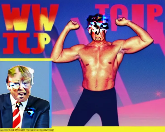 Prompt: Donald Trump in 80s workout gear, laser background, vaporwave aesthetic