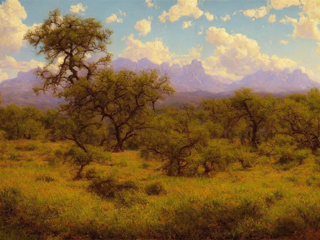 Image similar to a beautiful texas wilderness landscape, springtime morning, by julian onderdonk, oil on canvas, luminism, hyperrealism