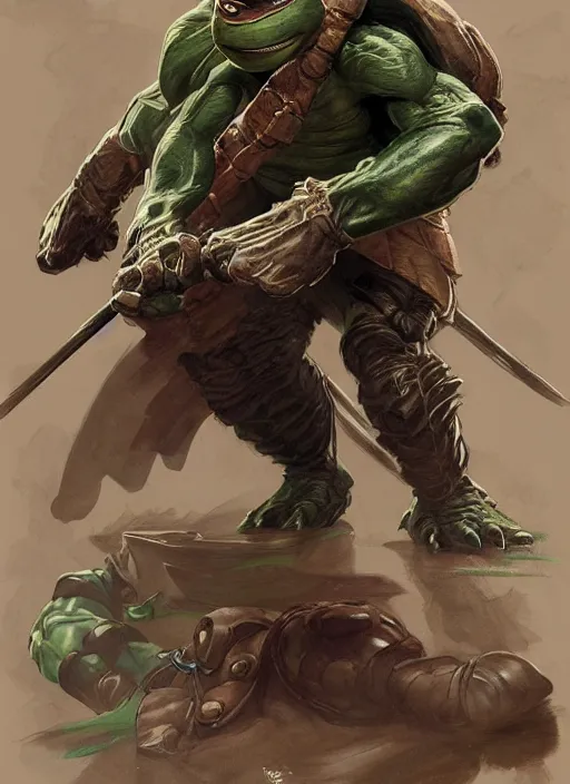 Image similar to elegant renaissance concept art of a male young muscular teenage mutant ninja turtle 1 9 9 0 film, full figure dynamic fighting pose, fantasy, intricate, highly detailed, digital painting, artstation, smooth, sharp focus, illustration, art by artgerm and greg rutkowski and alphonse mucha