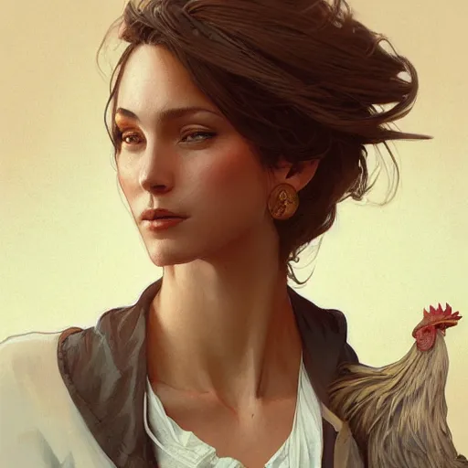 Image similar to portrait of rooster, attractive, casual, modern, highly detailed, digital painting, artstation, concept art, smooth, sharp focus, illustration, art by artgerm, greg rutkowski and alphonse mucha