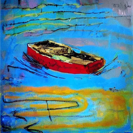 Image similar to a painting of a boat floating on a body of water, an abstract painting by ted degrazia, reddit contest winner, lyrical abstraction, mixed media, acrylic art, oil on canvas