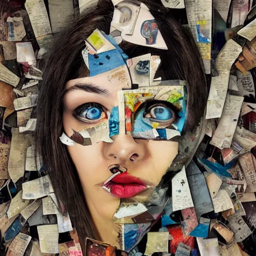 Prompt: a painting of a woman's face with pieces of torn-up pages of superhero comic books on her face, a surrealist painting, behance contest winner, pop surrealism, surrealist, detailed painting, poster art