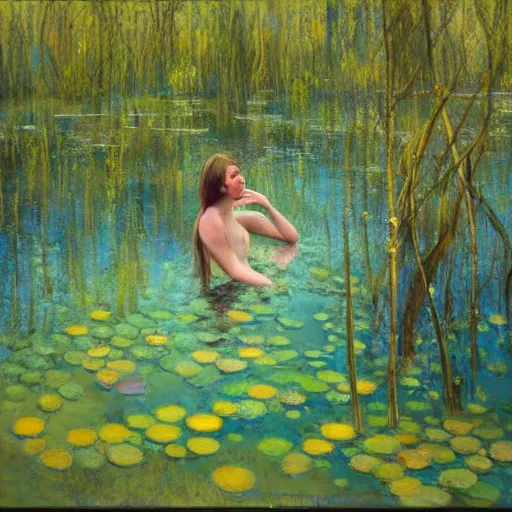 Image similar to painting of a beautiful nymph bathing in a shallow pond, obscured by water lilies, aspen grove in the background, by Jeremy Mann, stylized, detailed, loose brush strokes, pastel colors, green and yellow tones