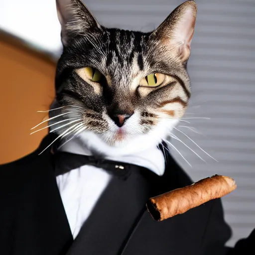 Image similar to a high detail closeup shot of a cat wearing a suit and smoking a cigar