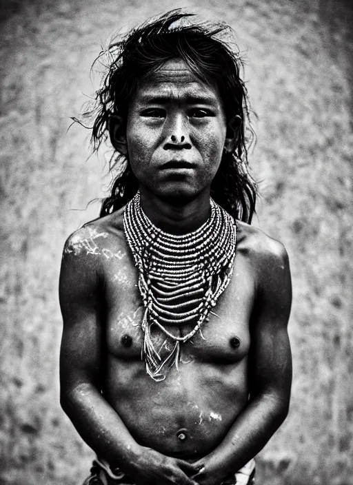 Image similar to Award winning Editorial photo of a Native Kiribati with incredible hair and beautiful hyper-detailed eyes wearing traditional garb with a Bokikokiko by Lee Jeffries, 85mm ND 5, perfect lighting, gelatin silver process