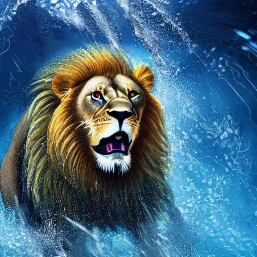 Image similar to a male lion's face breaching through a wall of water, headshot, water sprites, splashing, deep blue ocean, highly detailed, realistic digital art, trending on artstation