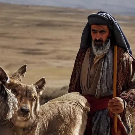 Image similar to Close up of a Kurdish shepherd wearing Kurdish clothes in a movie directed by Christopher Nolan, movie still frame, promotional image, imax 70 mm footage