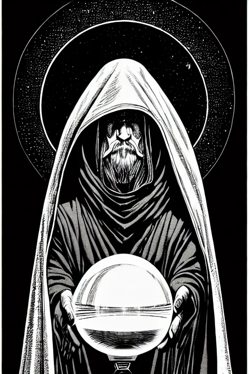 Prompt: side view of wizard in a hooded cloak gazing into a crystal ball, high details, intricately detailed, by vincent di fate, inking, 3 color screen print, masterpiece, trending on artstation, sharp, details, hyper - detailed, hd, 4 k, 8 k