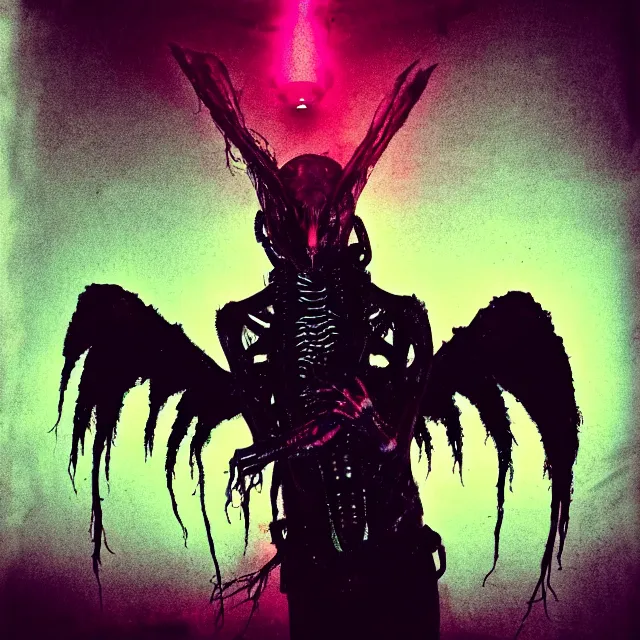 Image similar to a dark artistic photo of an alien creature with crazy wings, liminal eerie midnight backlit, big budget horror, a polaroid photo, bleeding decaying colors!