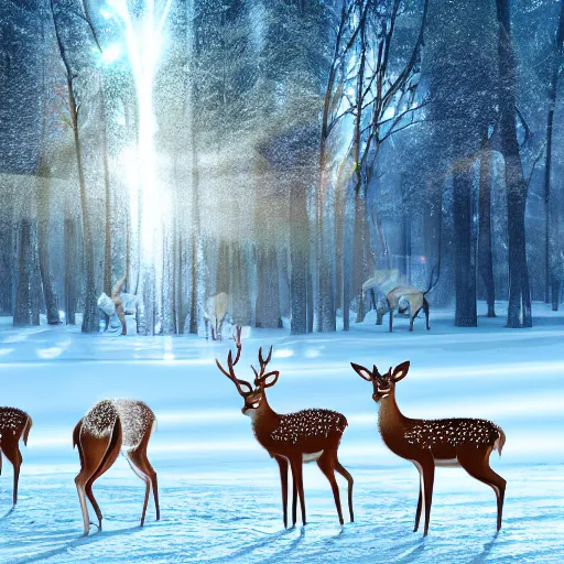 Prompt: family of deer on fire in a frozen forest, sparkles and sun rays, hyperrealistic, photo realistic, realistic, beautiful white lighting, in the middle of the day, hyperdetailed, very detailed