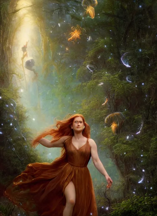 Image similar to Amy Adams staring into the camera, misty wisps, fireflies, Lilia Alvarado, Sophie Anderson, Mark Arian, Bob Byerley, Charlie Bowater, Mark Brooks, Steve Henderson, Justin Gerard, Arthur Hughes, Edward Robert Hughes, Mark Keathley, Victor Nizovtsev, Carlos Shwabe, Ross Tran, WLOP